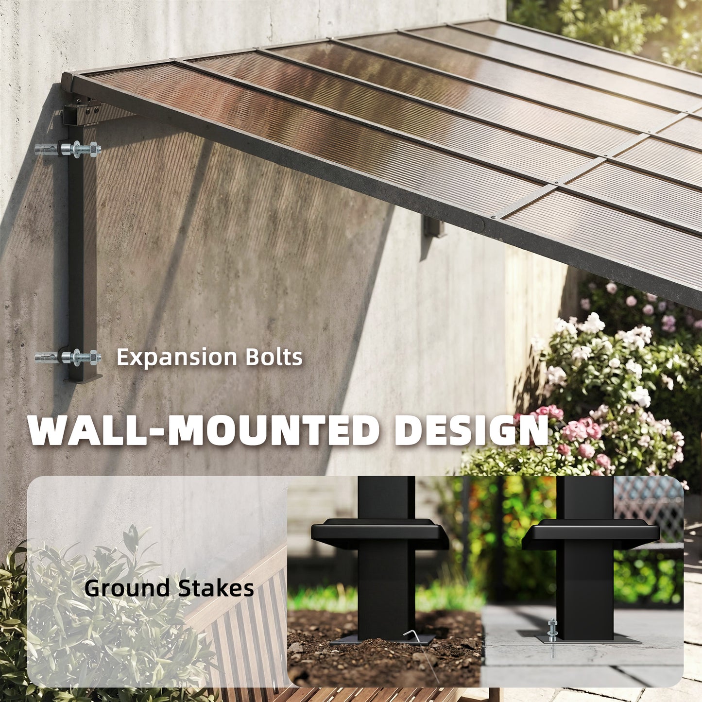 3.4 x 3 m Metal Lean-to Pergola, Wall-Mounted Garden Pergola with Polycarbonate Roof and Metal-Aluminium Frame