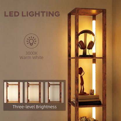 Floor Lamp with Shelves, LED Column Modern Standing Lamp with Fabric Drawer, Adjustable Brightness, Rustic Brown