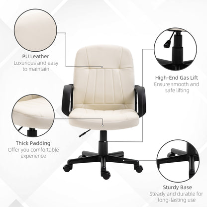 Desk Chair, PU Leather Computer Office Chair with Adjustable Height, Swivel Wheels for Home Work Study, Cream White