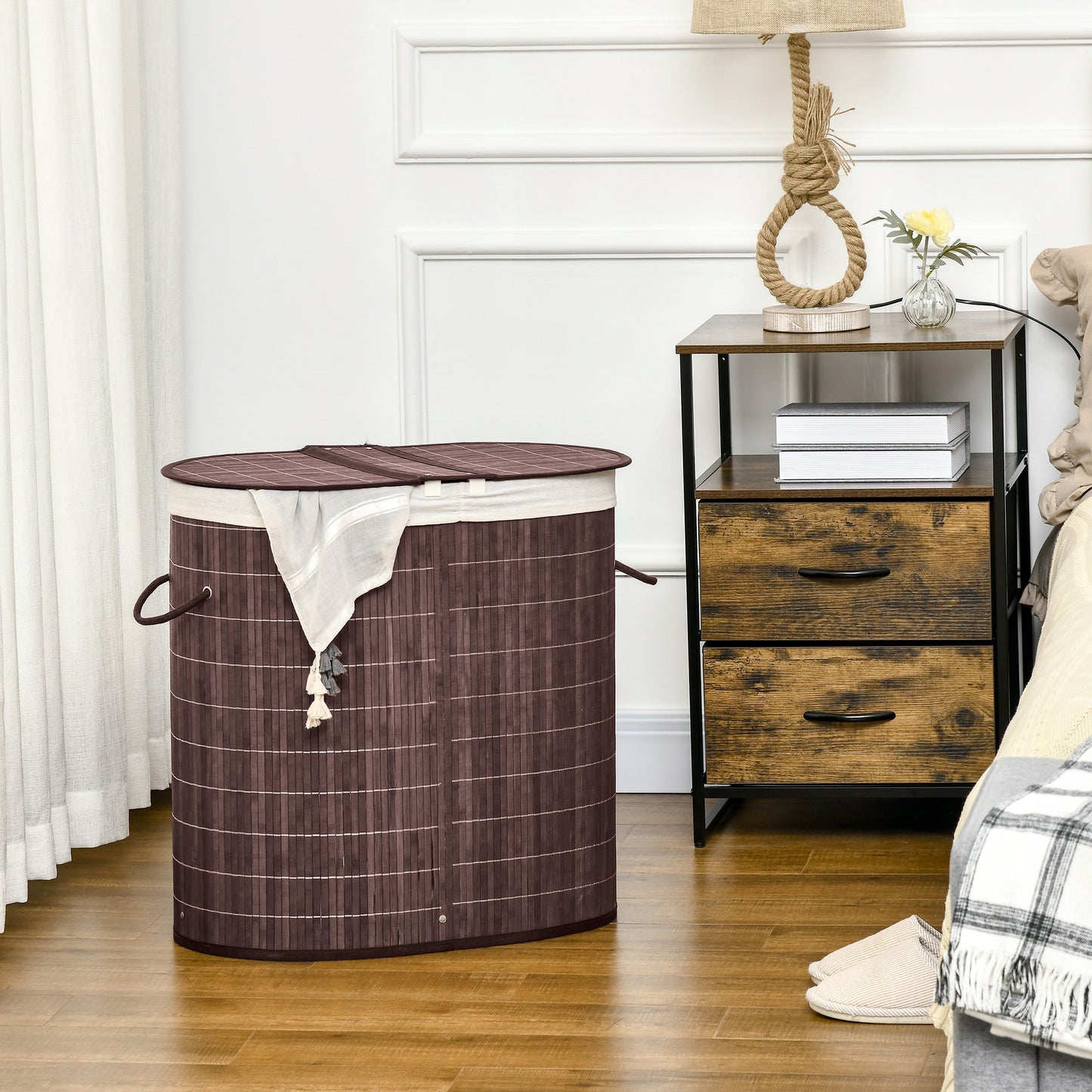 100L Bamboo Laundry Basket with Lid, Washing Basket with 2 Compartments, Handles, Removable Liner, Brown