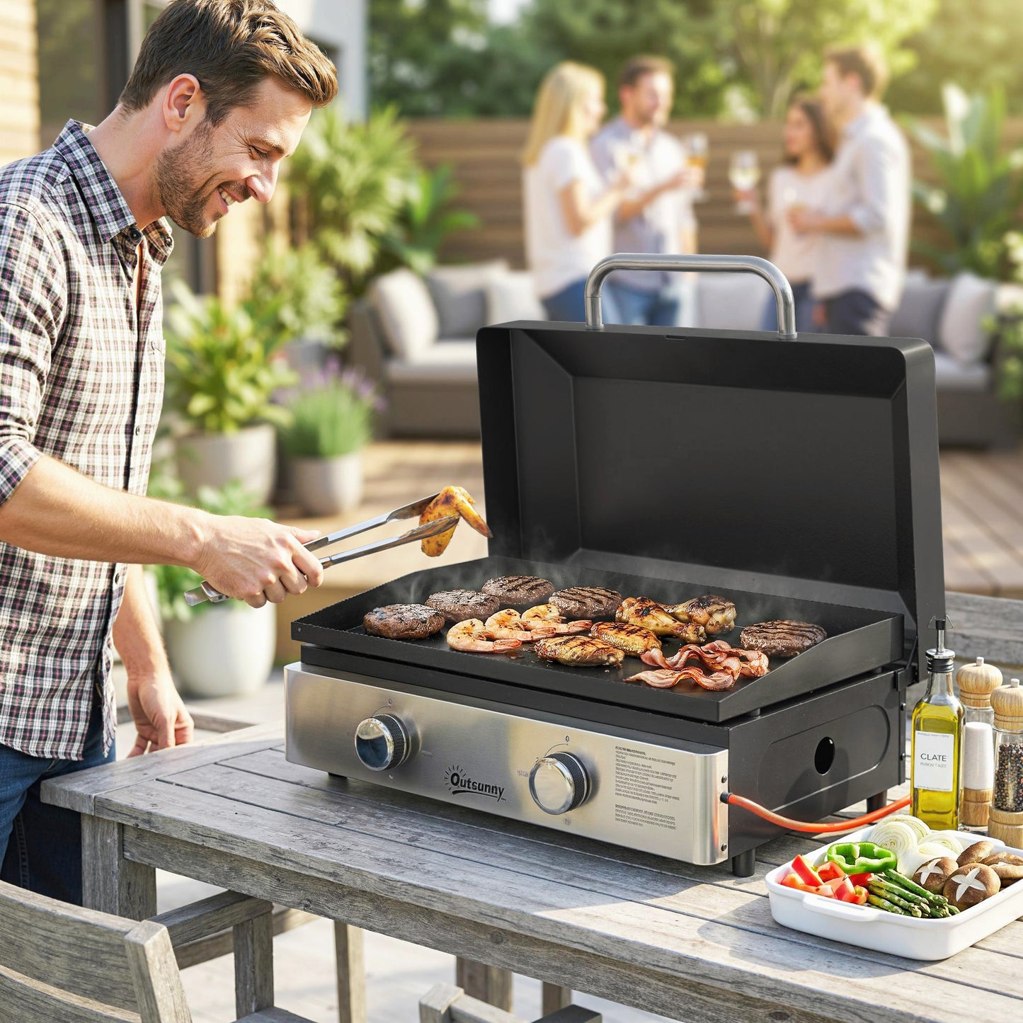 2 Burner Grill Griddle, Portable Gas Plancha, 6 kW, Tabletop Gas BBQ with Grease Cup for Camping Picnic Patios, Black