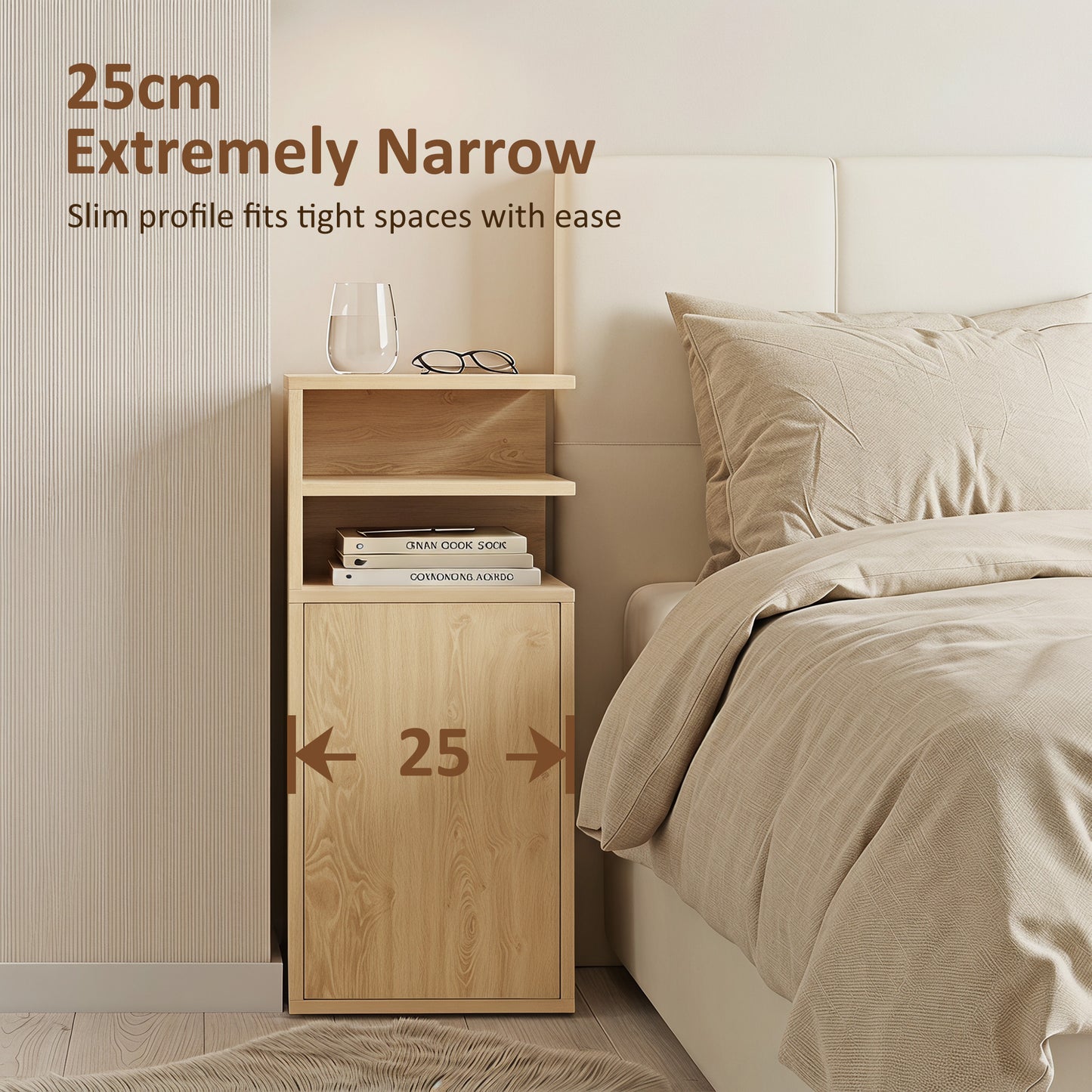 Slim Bedside Table Set of 2, Narrow Bedside Cabinet with Open Cubbies and Cupboard for Bedroom Living Room, Oak
