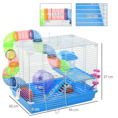 2 Tier Hamster Cage, Gerbil Cage with Handle, Exercise Wheels, Tunnel, Tube, Water Bottle, Dishes, Ladder, for Dwarf, Blue