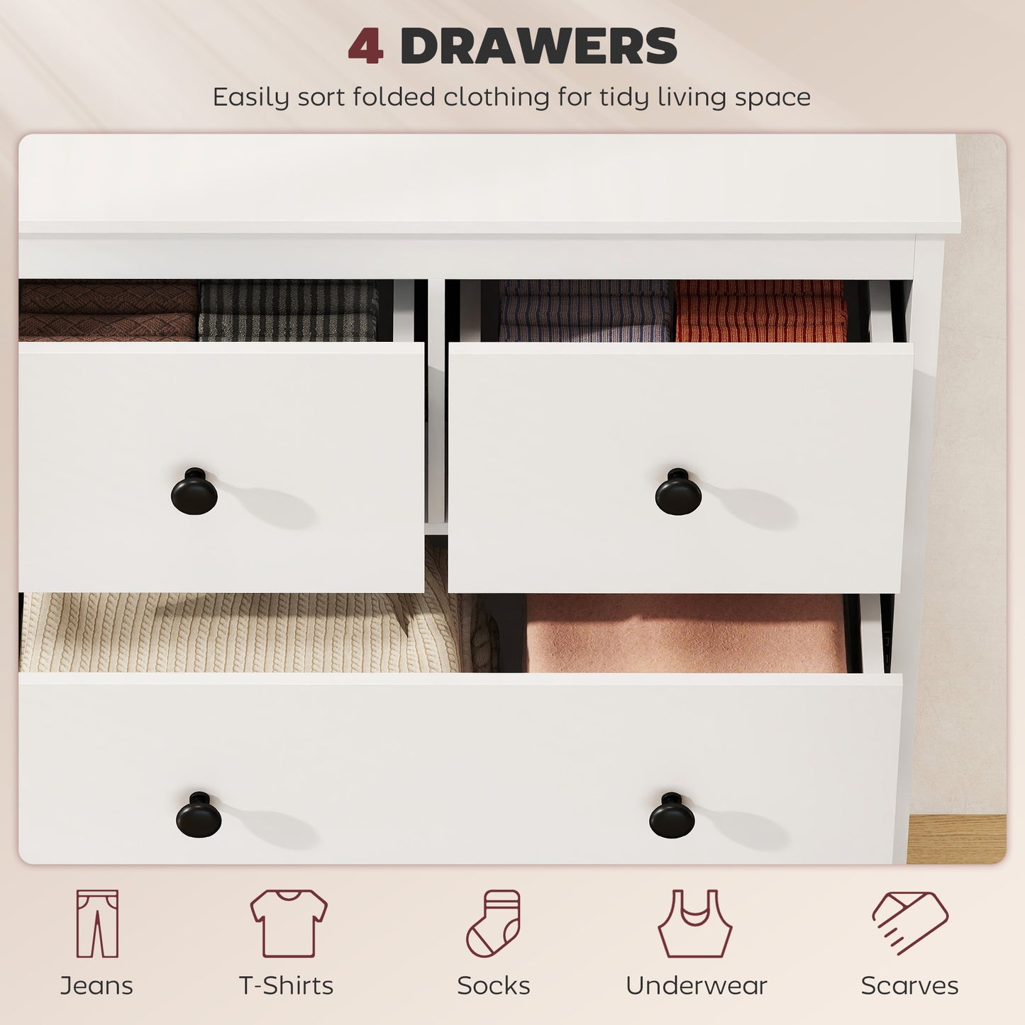 Modern Chest of Drawers, 4 Drawer Dresser Clothes Storage Organiser for Living Room, Hallway, Entryway, White