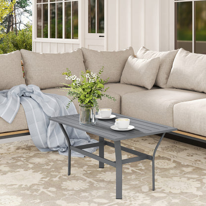 Metal Garden Coffee Table, Rectangular Outdoor Side Table with Slatted Tabletop, Foot Pads for Outside, Garden, Balcony