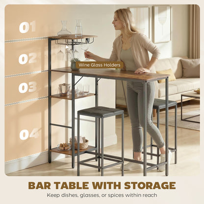 3 Piece Breakfast Bar Table and Stools Set, Rustic Brown