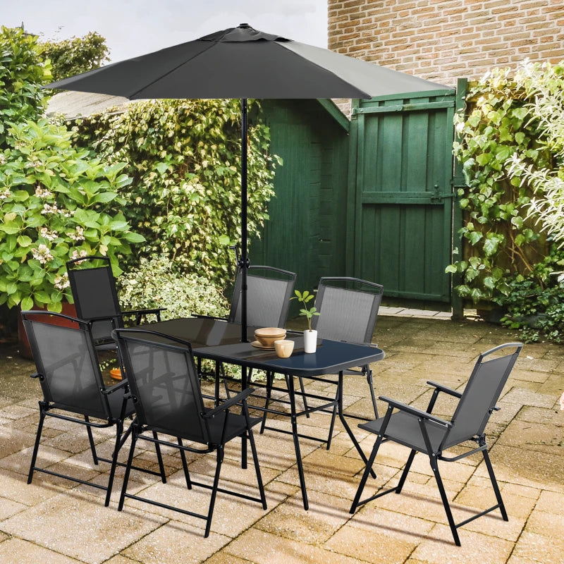 8 Piece - 6 Seater Garden Dining Set with Tempered Glass Tabletop and Parasol Included