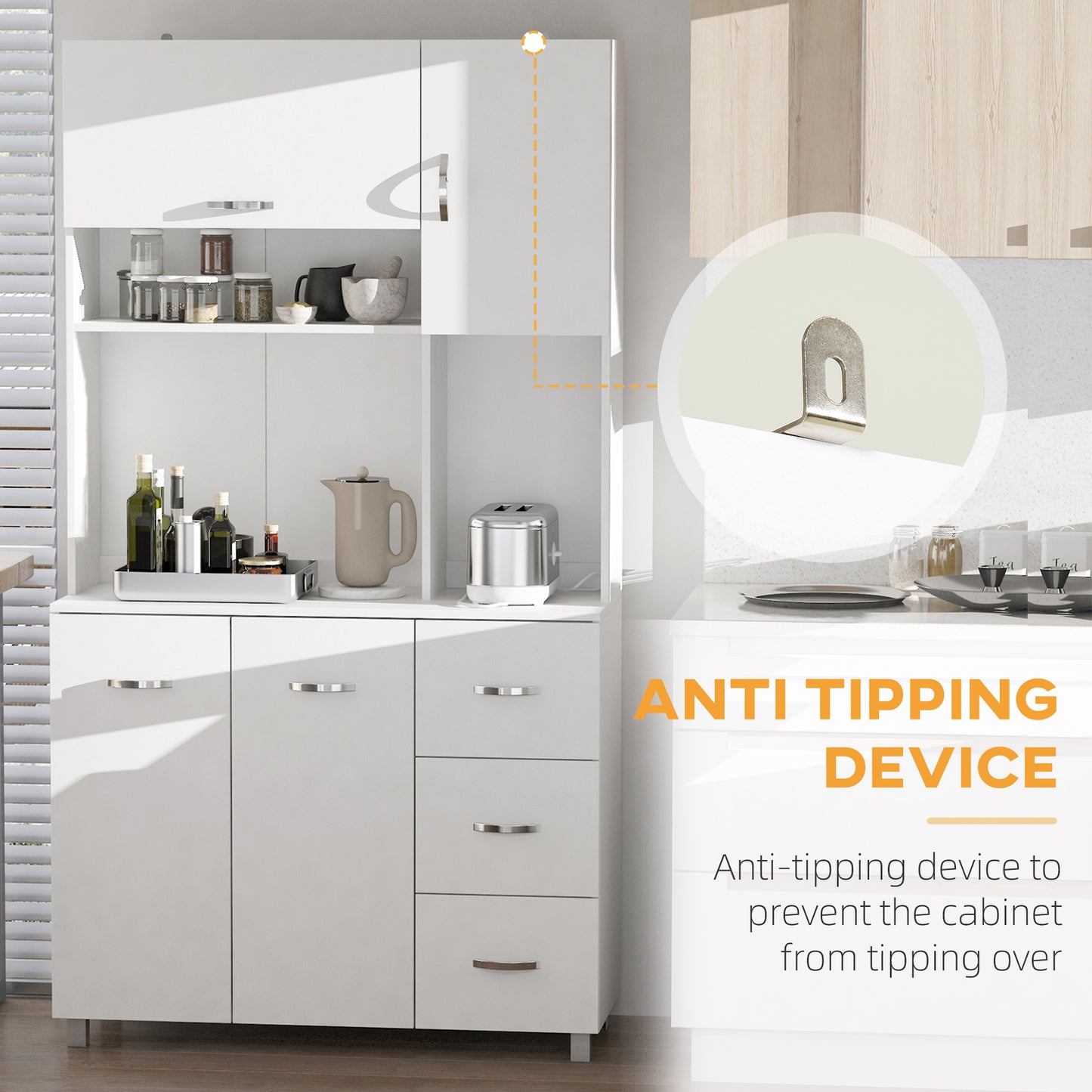 Kitchen Cupboard, 183cm Tall Storage Cabinet with Countertop, Sideboard with 3 Small Drawers, Flip Up Top Door