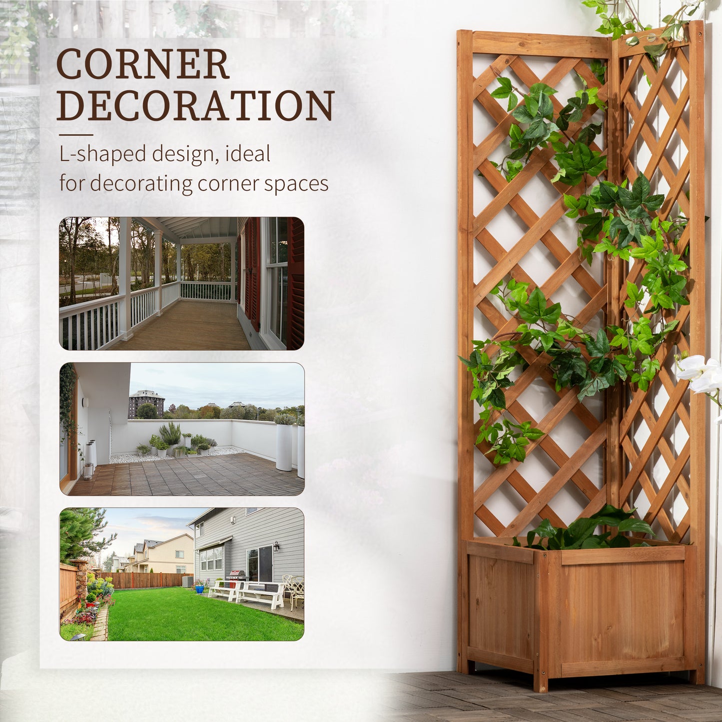 Wooden Planter with Corner Trellis, Freestanding Raised Garden Bed with Drainage Bottom, Outdoor Planter Box, Brown