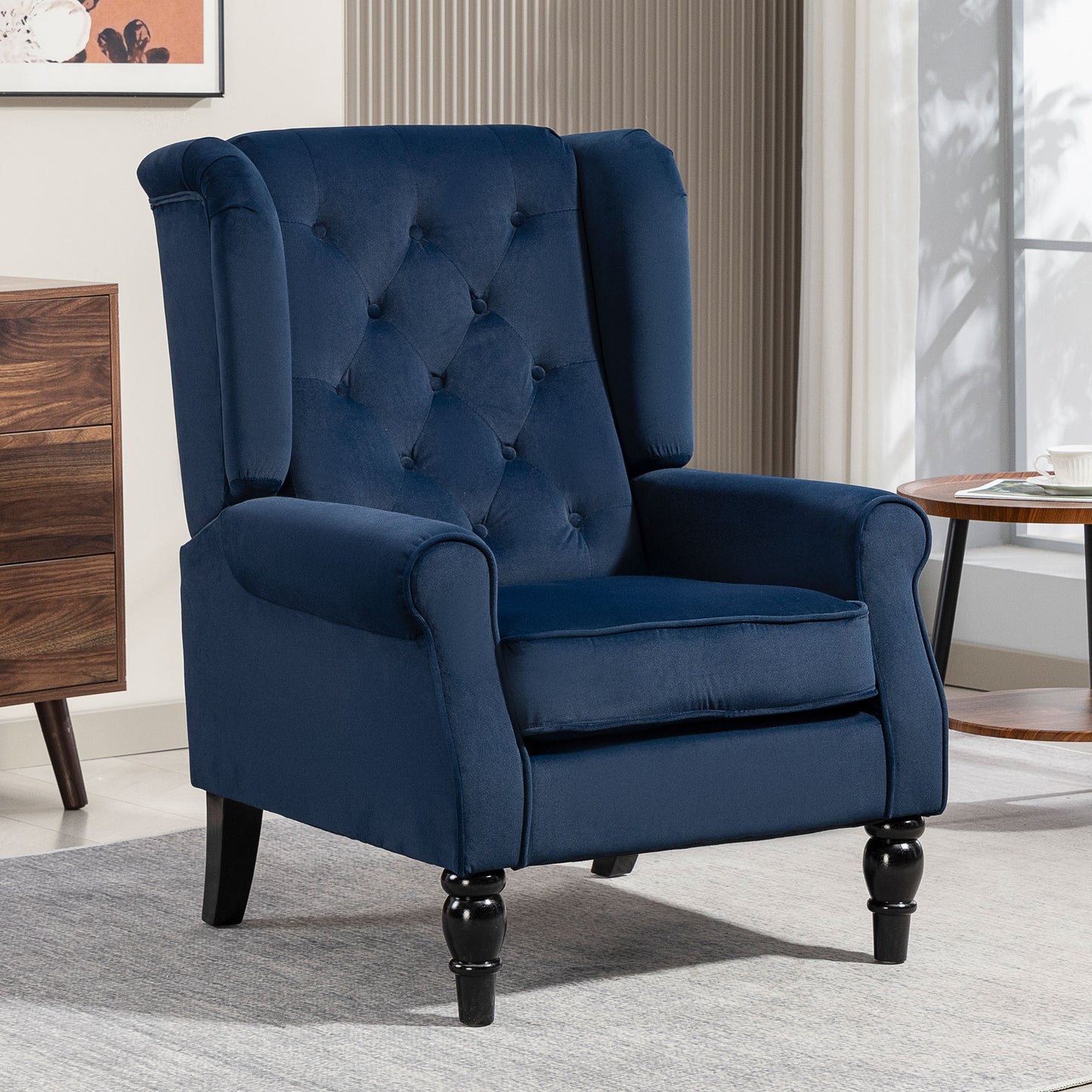 Wingback Accent Chair, Retro Upholstered Button Tufted Occasional Chair for Living Room and Bedroom, Dark Blue