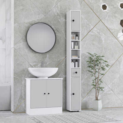 180cm Slim Bathroom Cabinet, with Drawer, Shelves and Cupboards - Light Grey