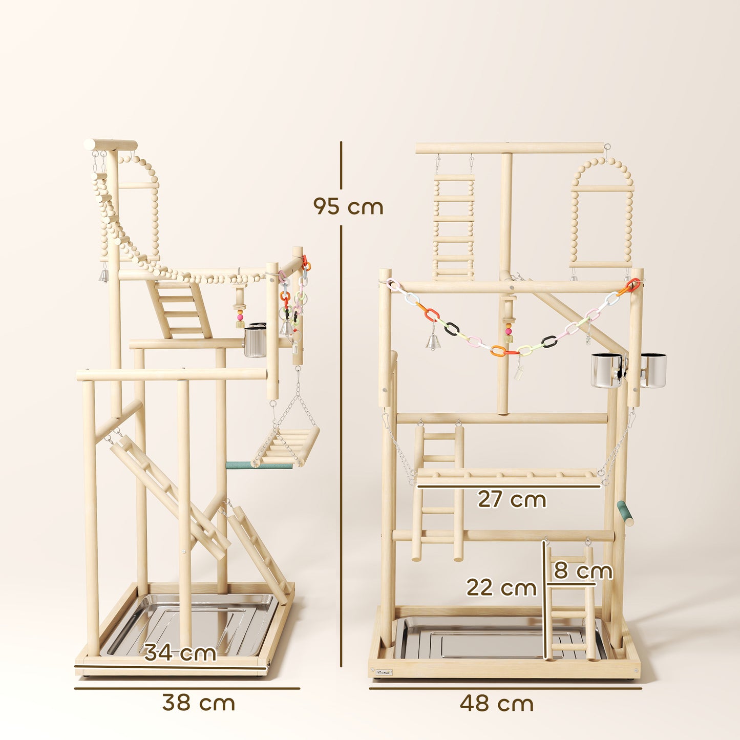 95 cm Wooden Bird Playground with Ladders, Chain Toy, Stainless Steel Cups and Tray, Bird Cage Accessories, Natural