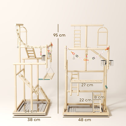 95 cm Wooden Bird Playground with Ladders, Chain Toy, Stainless Steel Cups and Tray, Bird Cage Accessories, Natural