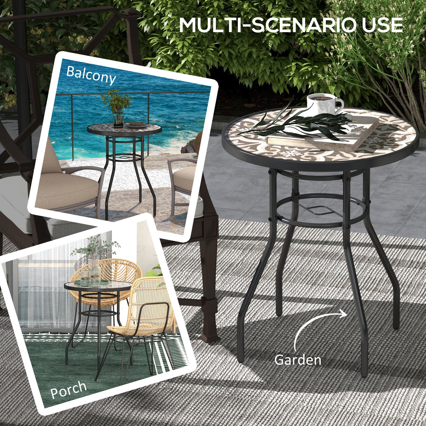 Φ60 Garden Table, with Glass Printed Tabletop - Brown