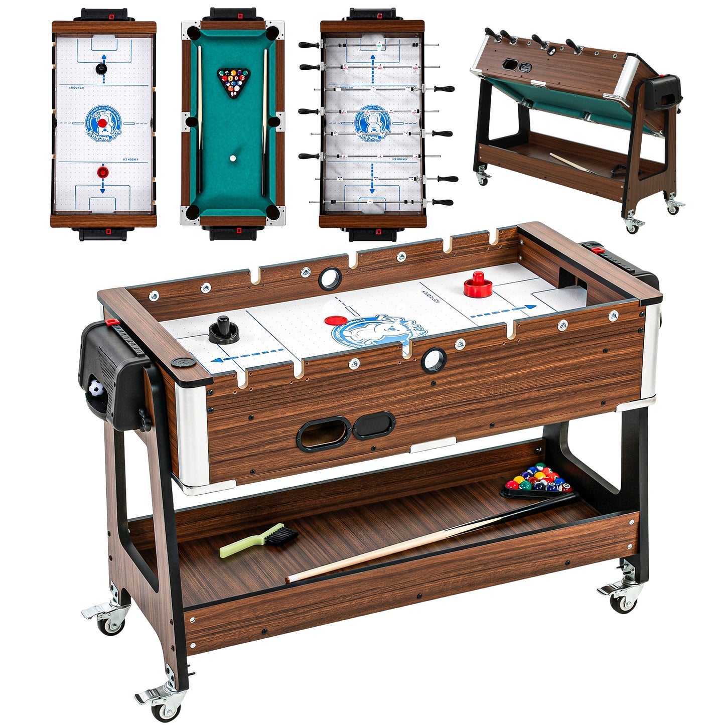 3 in 1 Multi Game Table, 3.4ft Reversible Air Hockey Pool Football Games Table with Lockable Wheels, Storage Shelf