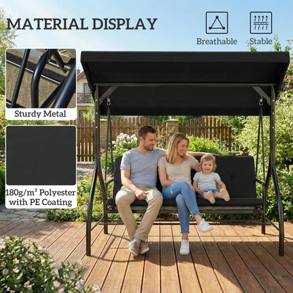 3 Seater Canopy Swing Chair, 2 in 1 Garden Swing Seat Bed, with Adjustable Canopy and Metal Frame, Black