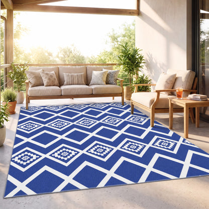 Plastic Straw Reversible RV Outdoor Rug with Carry Bag, 182 x 274cm, Blue and White