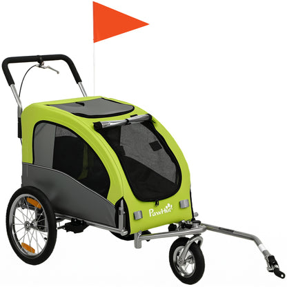 2 in 1 Dog Bike Trailer, Foldable Pet Stroller, Dog Bicycle Trailer with Suspension, for Medium Dogs up to 20kg, Green