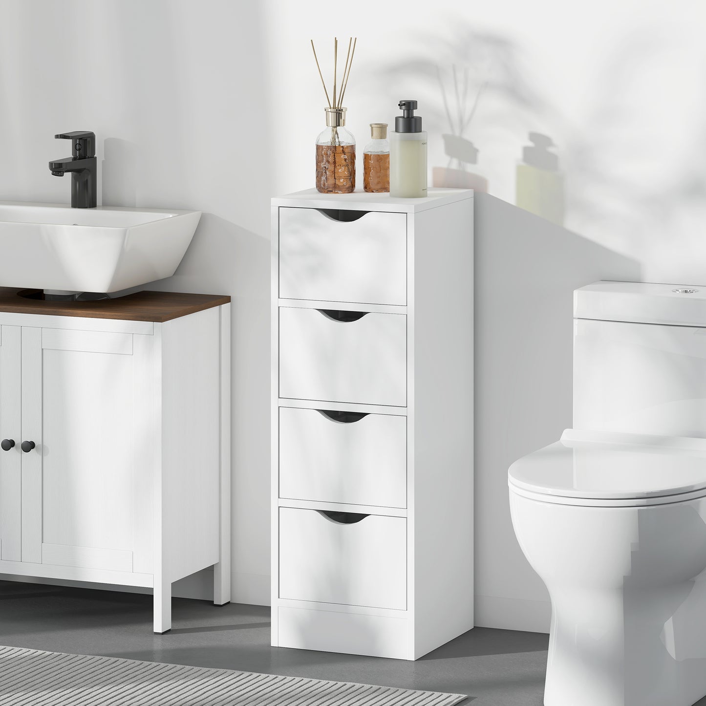 4-Drawer Bathroom Cabinet, Freestanding Narrow Storage Cabinet with Groove Handles for Small Spaces, White