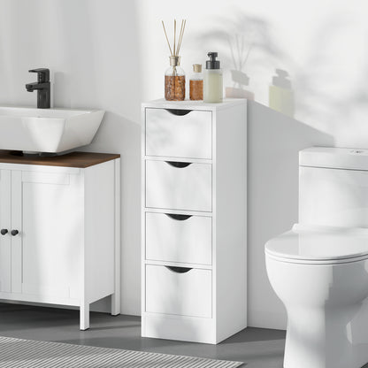 4-Drawer Bathroom Cabinet, Freestanding Narrow Storage Cabinet with Groove Handles for Small Spaces, White