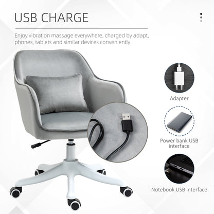 Velvet Office Chair, Desk Chair, Makeup Vanity Chair with Massage Lumbar Pillow and Rolling Wheels for Bedroom and Home, Grey
