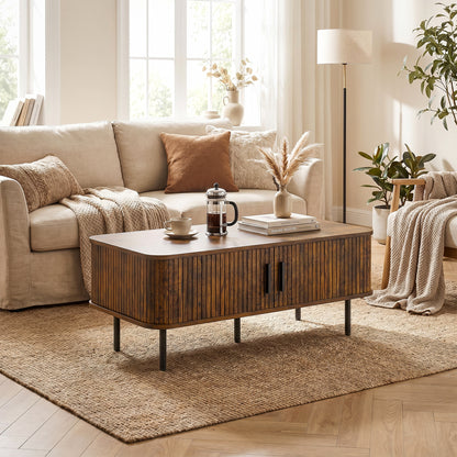 Coffee Table with Storage, Living Room Table with Slatted Tambour Sliding Doors and Adjustable Foot Pads