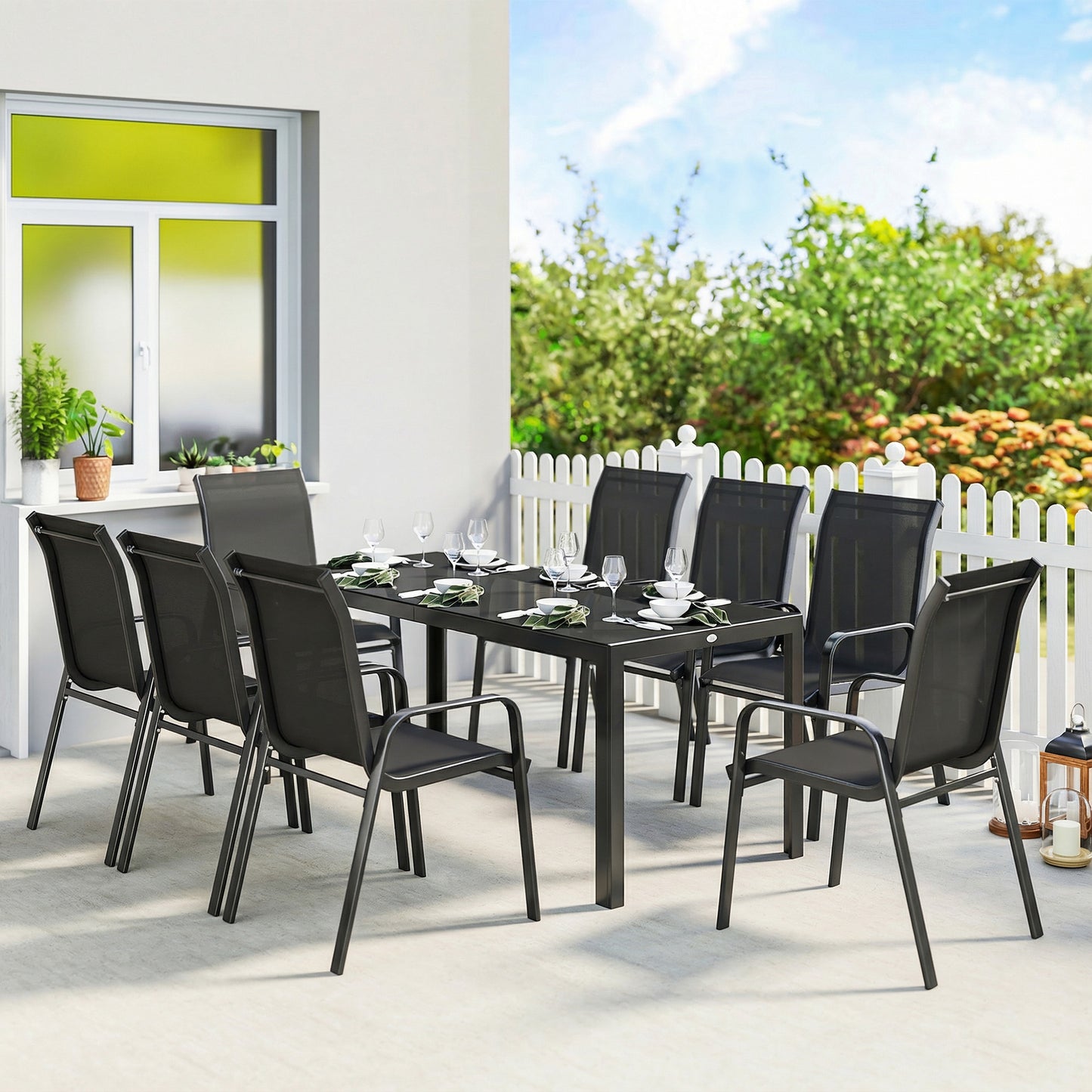 9 Pieces Garden Dining Set, Outdoor Table and Chairs Set for 8, Garden Furniture Set with Tempered Glass Top, Black