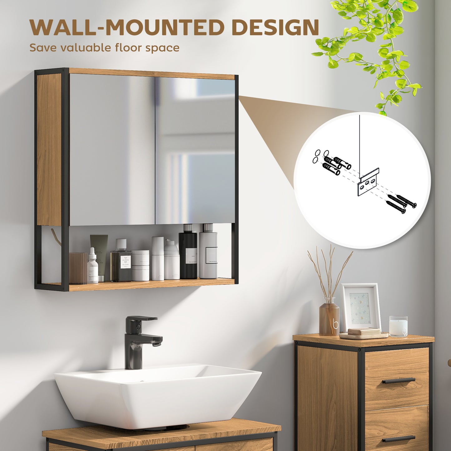 Bathroom Mirror Cabinet with Soft-Close Doors and Adjustable Shelf - Natural Wood Finish