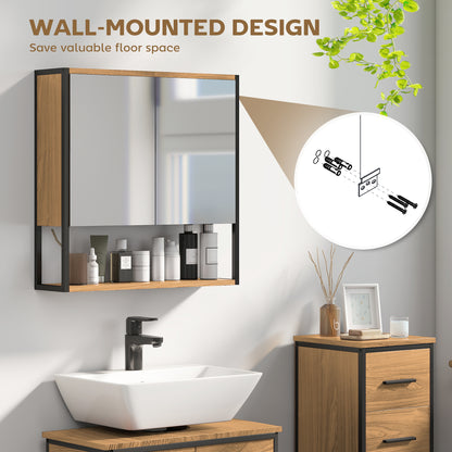 Bathroom Mirror Cabinet with Soft-Close Doors and Adjustable Shelf - Natural Wood Finish