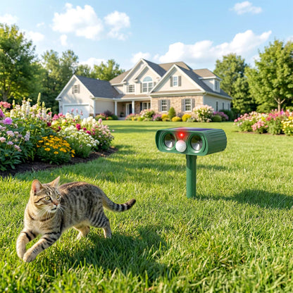 Ultrasonic Cat Repellent, PIR Motion Sensor 110°, LED Flash, Solar Cat Deterrents for Gardens UK