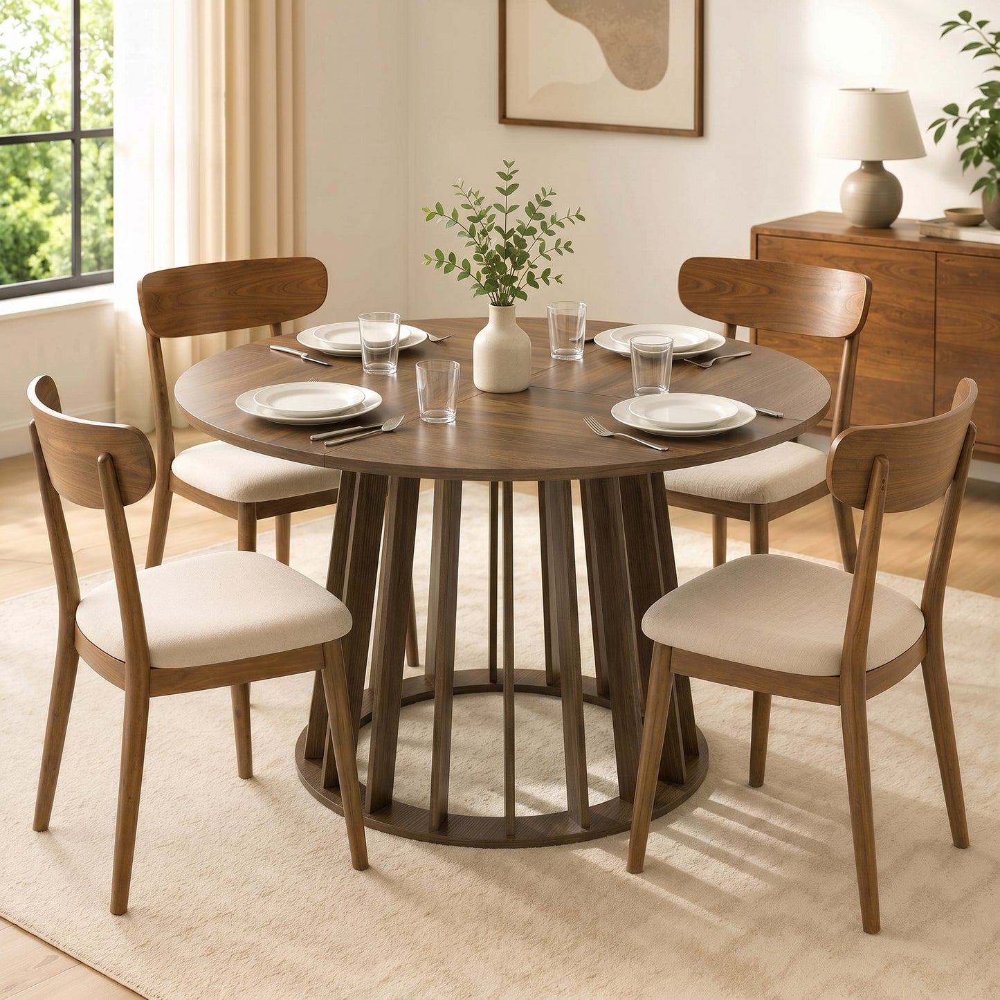 Dining Table for 4-6 People Modern Kitchen Table with Slatted Base 120 cm Round Light Walnut