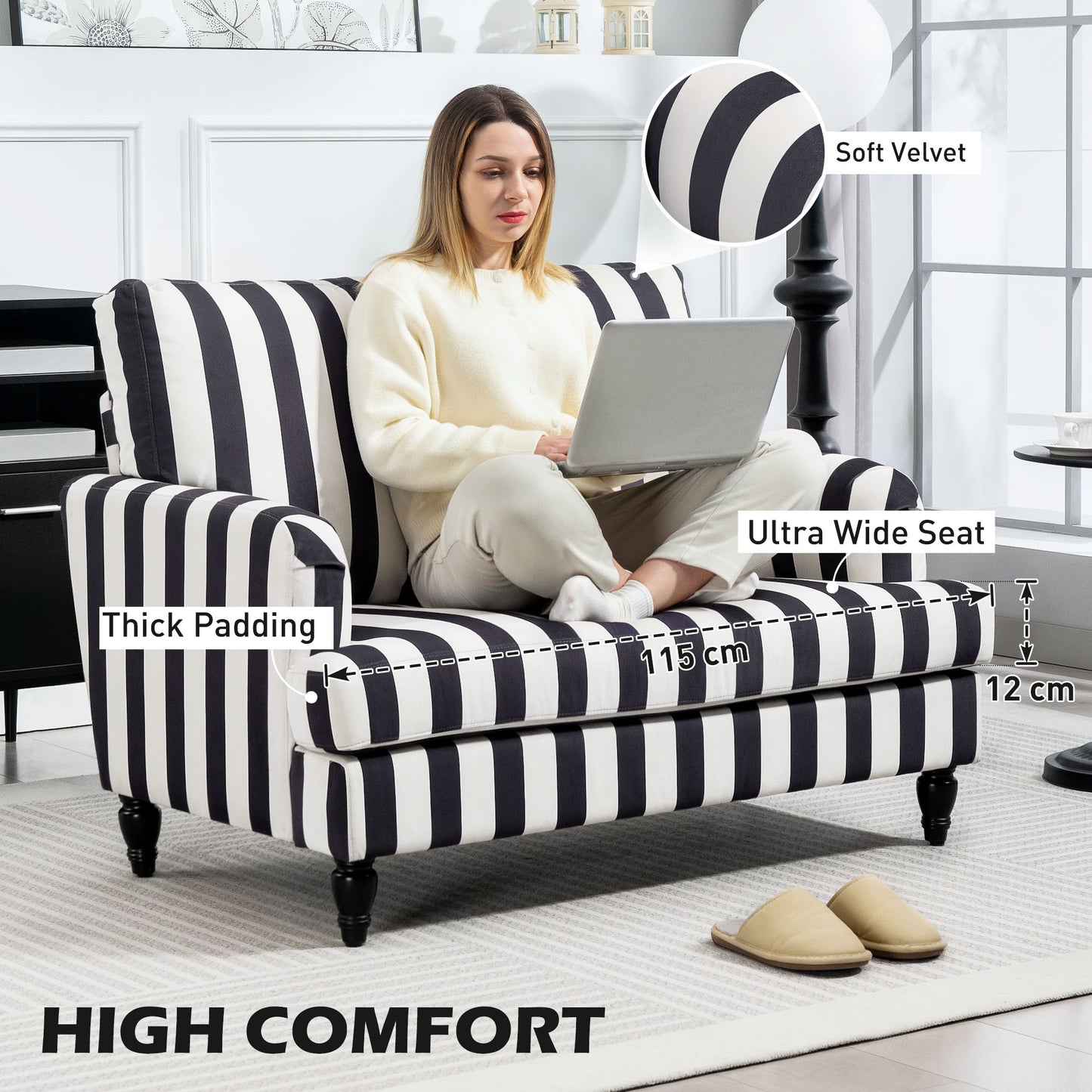 Modern Cuddle Chair, Velvet Single Sofa Armchair with Stripe, Turned Legs and Wide Seat
