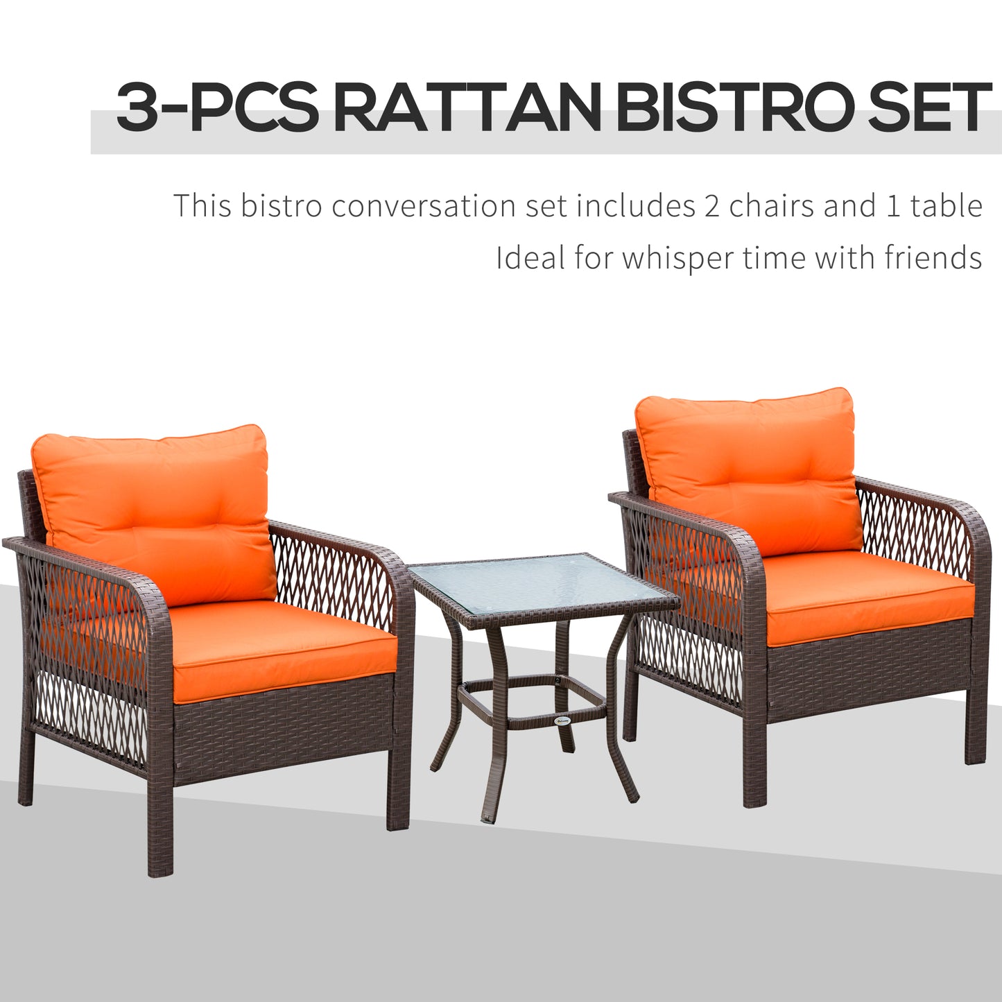 3 Pieces Rattan Bistro Set with Glass Top Coffee Table, Chairs and Cushions for Outdoor, Patio, Balcony, Orange