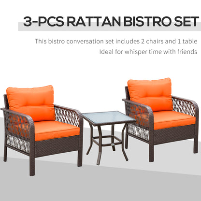 3 Pieces Rattan Bistro Set with Glass Top Coffee Table, Chairs and Cushions for Outdoor, Patio, Balcony, Orange