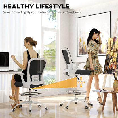 Draughtsman Chair, Mesh Drafting Chair, Ergonomic Office Chair with Flip-up Armrest, Adjustable Foot Ring, Black White
