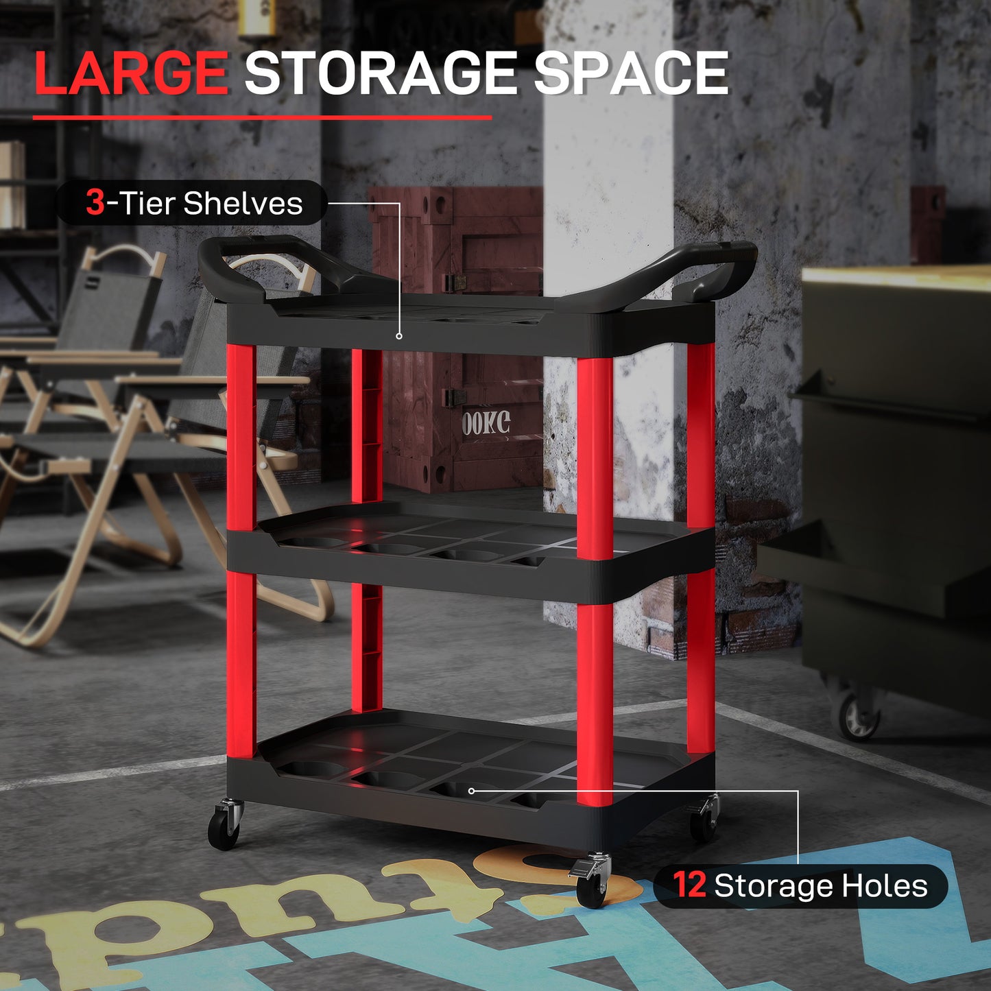 3-Tier Rolling Tool Cart, Tool Trolley on Wheels, Plastic Mobile Service Utility Cart with Handles for Garage