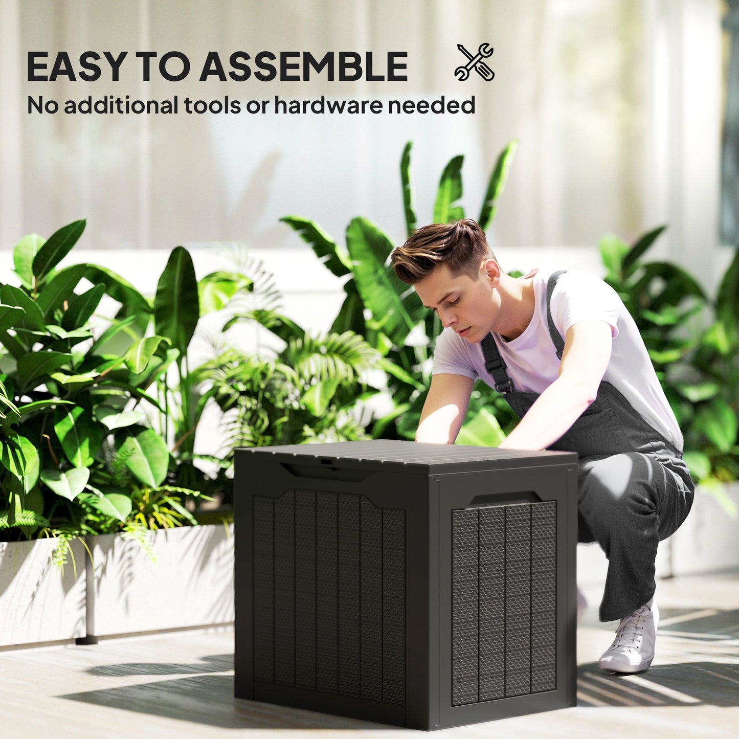 97L Plastic Garden Storage Box, Outdoor Storage Box with Handles, Waterproof Outdoor Storage Container, Black