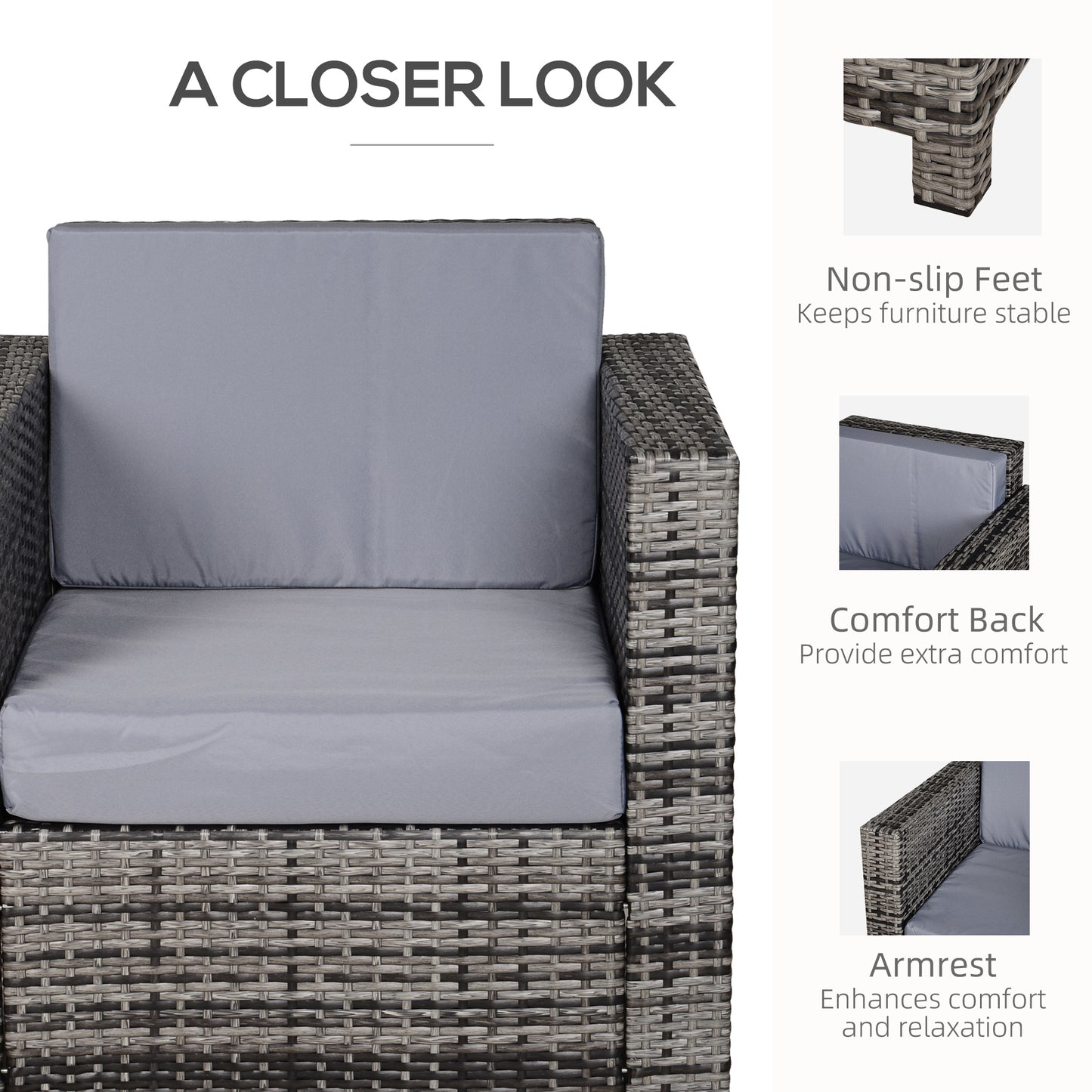 Rattan Garden Armchair 10cm Cushion Outdoor Single Chair with Steel Frame, Grey