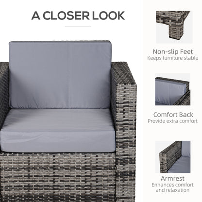 Rattan Garden Armchair 10cm Cushion Outdoor Single Chair with Steel Frame, Grey