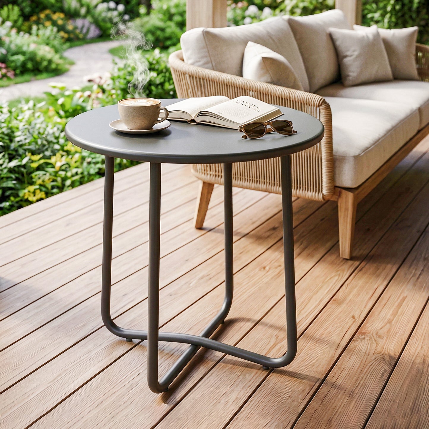 48 cm Round Garden Side Table, Small Metal Outdoor Garden Table with Rolled Edge, Dark Grey