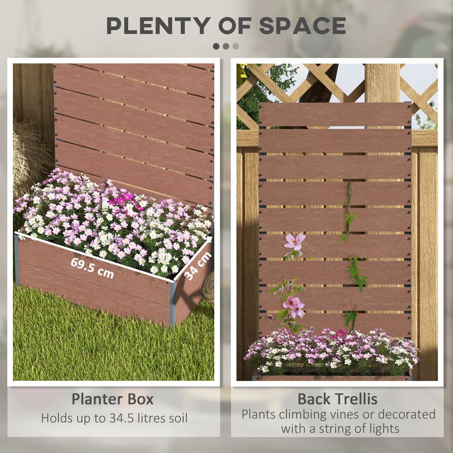 34 x 69.5cm Garden Planter Box, with Back Trellis, Brown