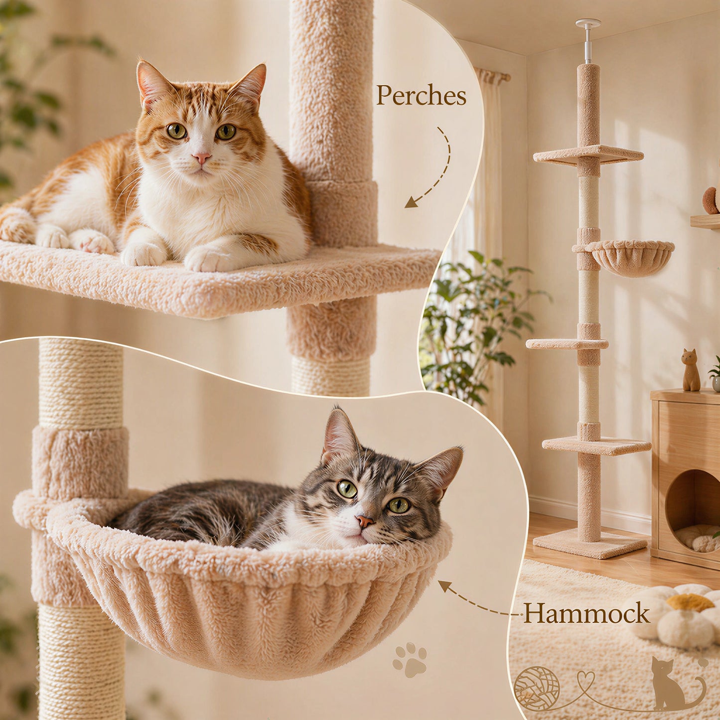 Floor to Ceiling Cat Tree 230-260cm Height Adjustable, 5-Tier Cat Tower with Scratching Posts, Hammock, Perches