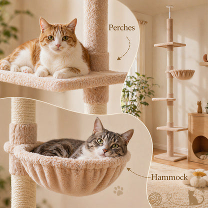 Floor to Ceiling Cat Tree 230-260cm Height Adjustable, 5-Tier Cat Tower with Scratching Posts, Hammock, Perches