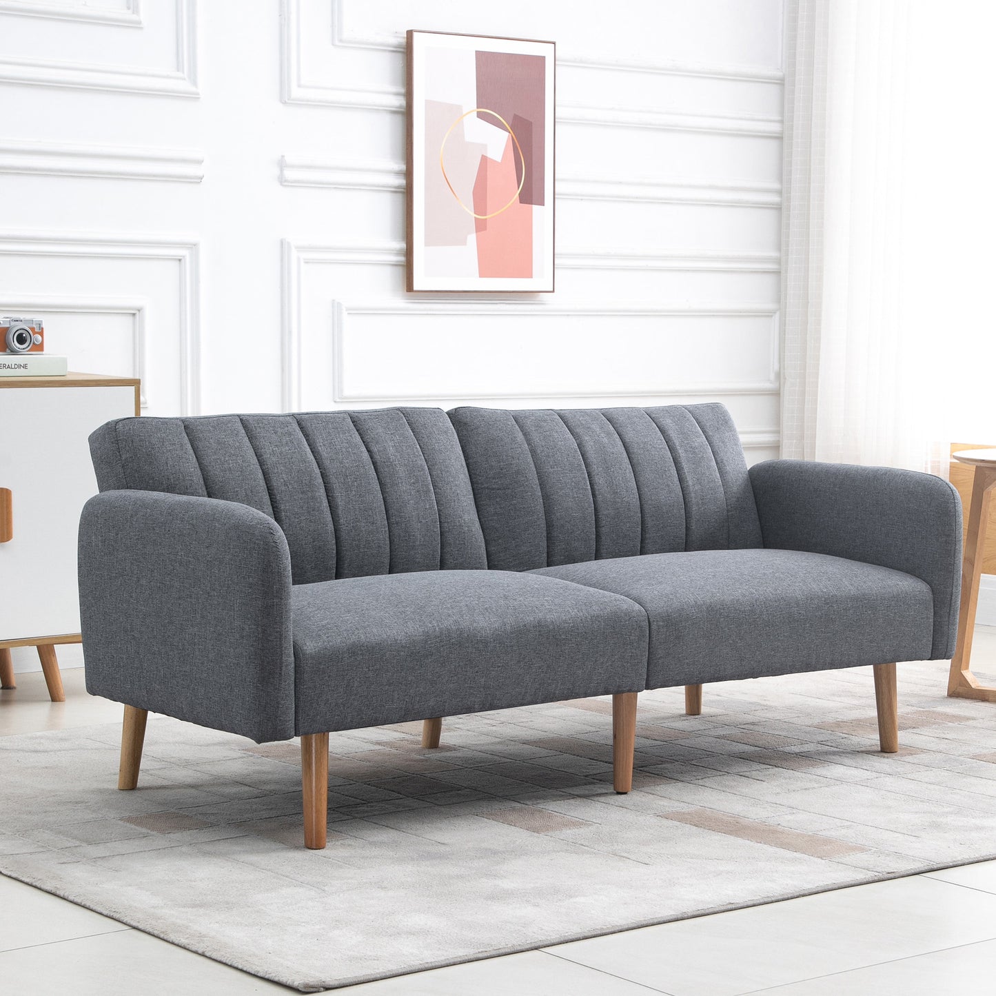 3 Seater Sofa Bed, Convertible Linen Fabric Sofa Couch, Click Clack Sofabed with Adjustable Split Backrest for Living Room