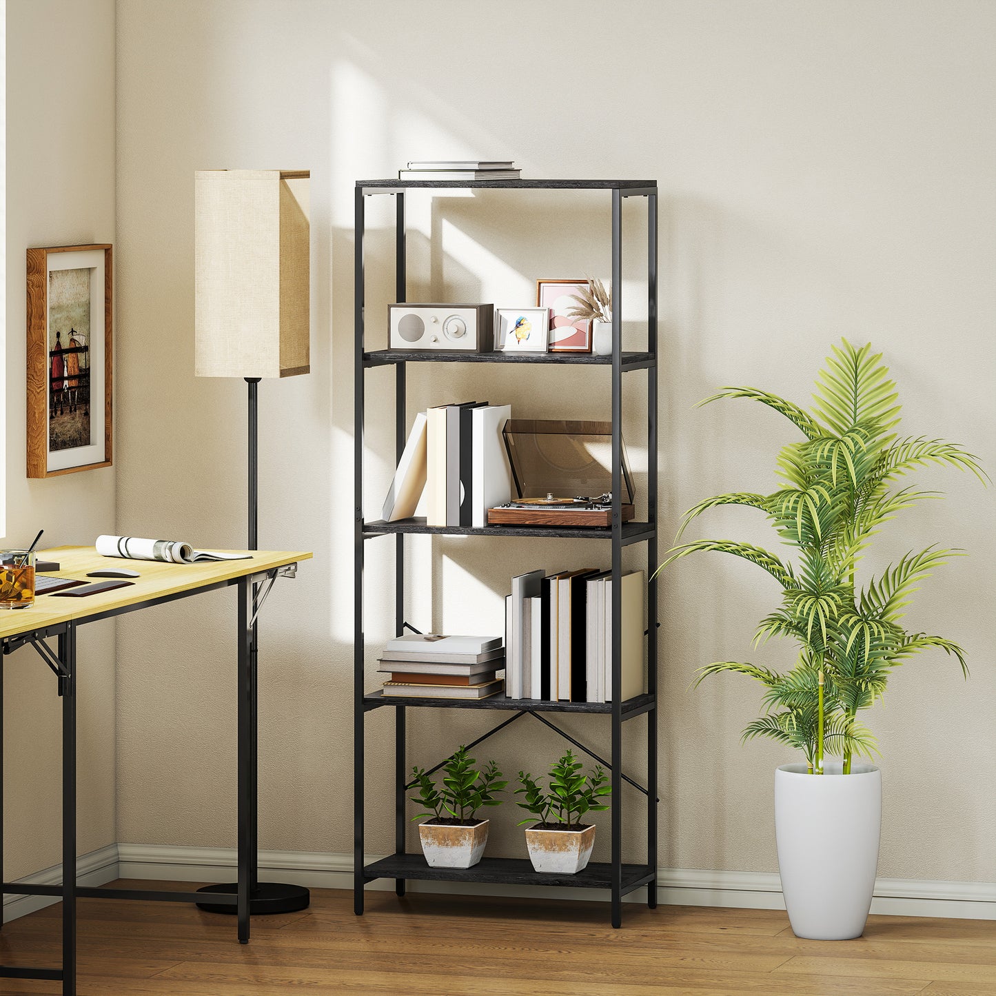 5-Tier Bookshelf, Industrial Bookcase with Metal Frame - Dark Grey and Black