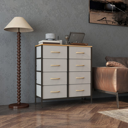Fabric Chest of Drawers, Industrial Bedroom Dresser with 8 Fabric Drawers, Steel Frame and Wooden Top for Nursery