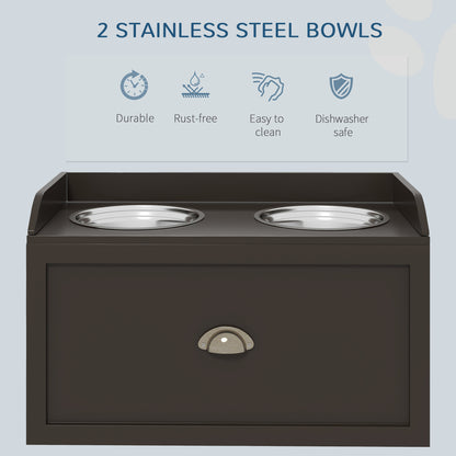 Stainless Steel Raised Dog Bowls, with 21L Storage Drawer for Large Dogs - Brown