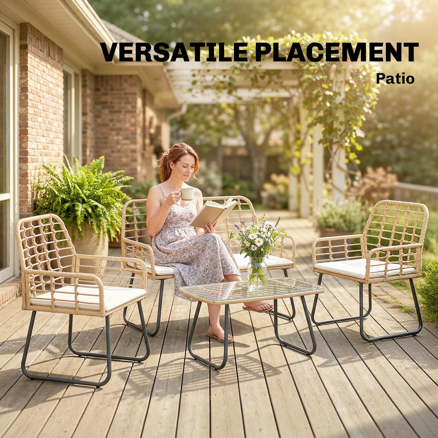 4 Piece Rattan Garden Furniture Set, Outdoor Patio Furniture with Loveseat, Armchairs and Coffee Table