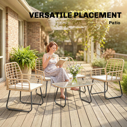 4 Piece Rattan Garden Furniture Set, Outdoor Patio Furniture with Loveseat, Armchairs and Coffee Table