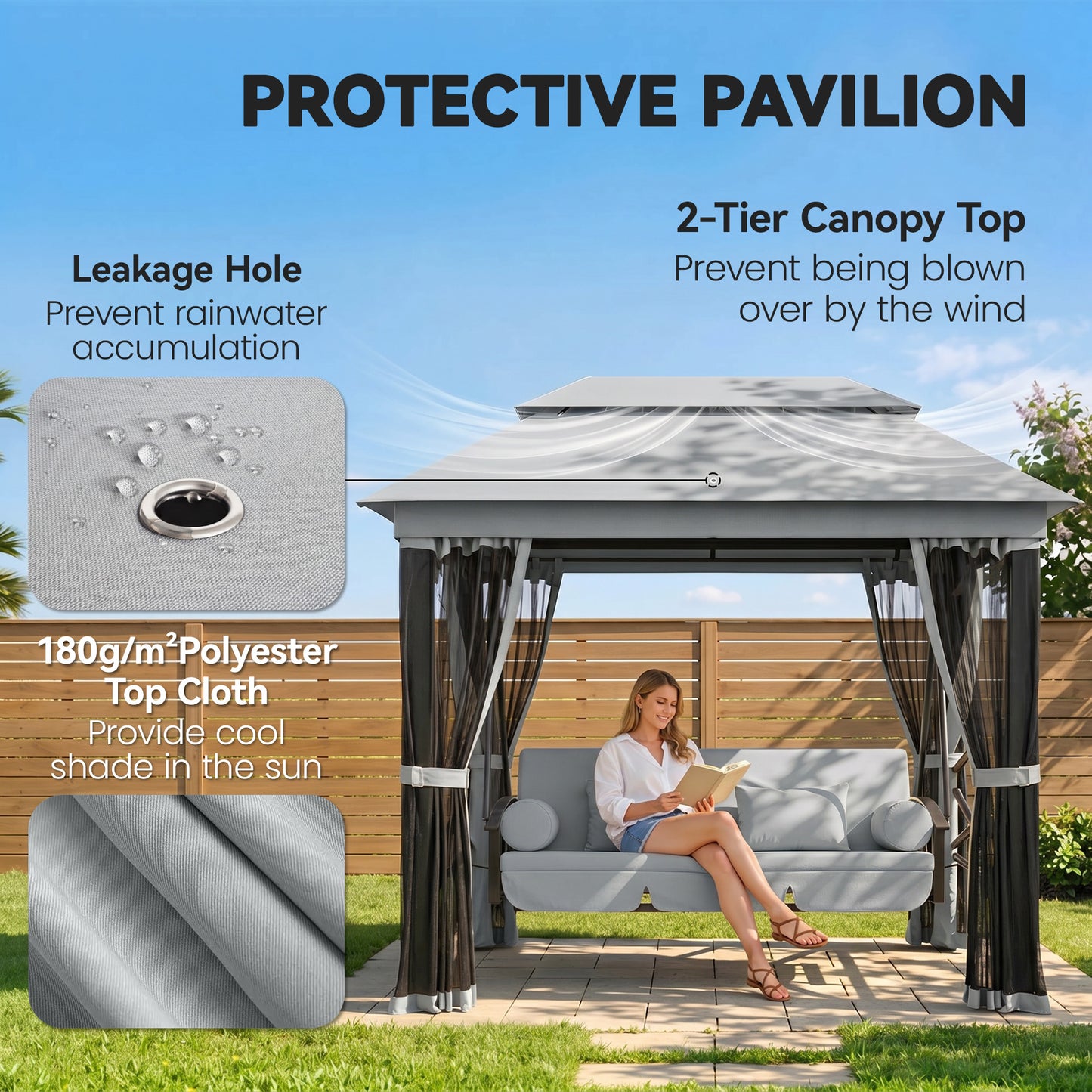 3 Seater Swing Chair 3-in-1 Convertible Garden Swing Seat Bed Gazebo Patio Bench Outdoor with Double Tier Canopy